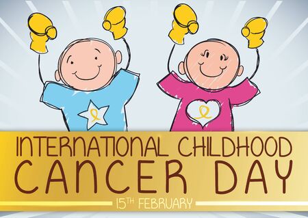 Commemorative banner for International Childhood Cancer Day with brave boy and girl in doodle style celebrating their victory against this disease behind a golden label.のイラスト素材