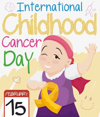 Poster for International Childhood Cancer with brave bald girl with bandana saluting and winking at you with a golden ribbon symbolizing the fight against this disease.のイラスト素材
