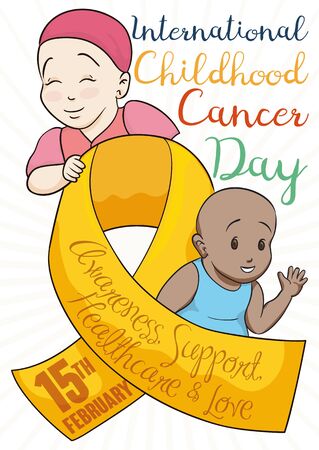 Special poster for International Childhood Cancer Day with smiling boy and girl celebrating that they are cured of this disease with greeting message and date in the golden ribbon.のイラスト素材