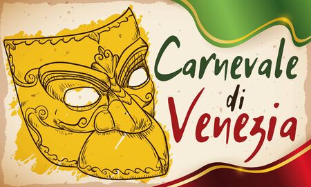 Commemorative banner in scroll with bauta mask in hand drawn style to commemorate the 'Carnevale di Venezia' (translate from Italian: Venice's Carnival).のイラスト素材