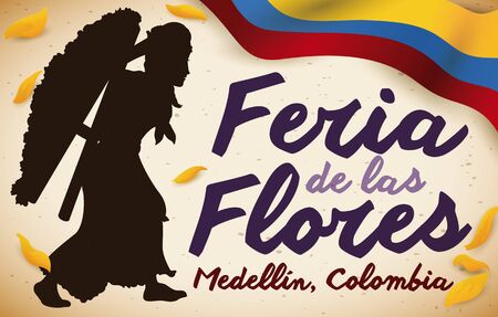 Banner with female Silletero silhouette over a scroll, yellow petals and a Colombian flag, celebrating Flowers Festival (written in Spanish).のイラスト素材