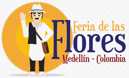 Banner in flat style with traditional Colombian arriero saluting at you in Festival of the Flowers (written in Spanish).のイラスト素材