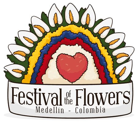 Poster with beautiful anthuriums and floral arrangement with Colombian flag colors behind a greeting ribbon celebrating Colombian Festival of the Flowers.のイラスト素材