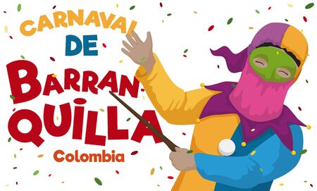 Banner with traditional monocuco character celebrating the Colombian Barranquilla's Carnival (written in Spanish) with colorful confetti.のイラスト素材