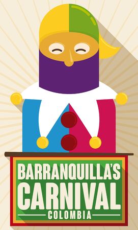 Colorful monocuco with traditional disguise, a stick and holding a flag over a beige background in flat style for Barranquilla's Carnival.のイラスト素材