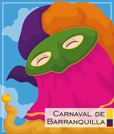 Promotional poster with traditional 'monocuco' face, promoting the Colombian folklore in Barranquilla's Carnival celebration (written in Spanish).のイラスト素材