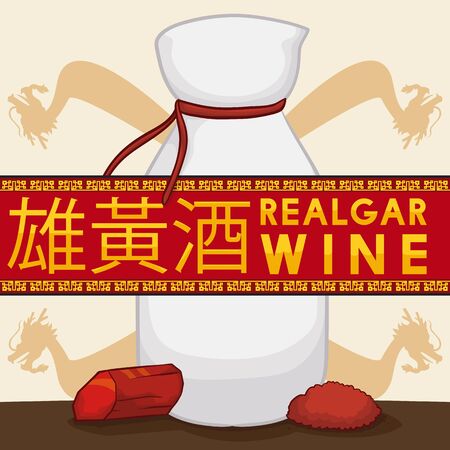 Poster with realgar wine (written in Chinese calligraphy), crystal and powder of this mineral and dragons silhouette to celebrate the Dragon Boat Festival or Duanwu Festival.のイラスト素材