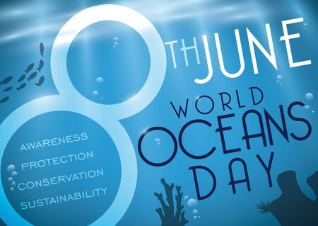Poster with beautiful underwater scene with bubbles, fishes and corals, commemorating World Oceans Day in June 8.のイラスト素材