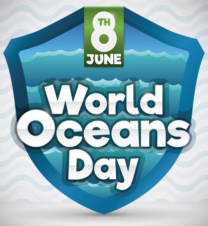 Commemorative poster for World Oceans Day with shield with waves design, promoting protection and awareness of our oceans.のイラスト素材