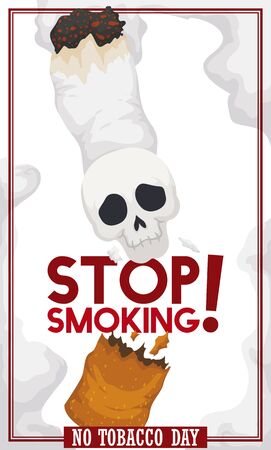 Poster with skull over broken cigarette: awareness symbol to stop smoking and mortal issues in the No Tobacco Day event.のイラスト素材