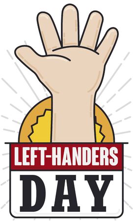 Left hand opened in flat style and outlines, representing pride for Left Handers Day event, with button like sun and loose-leaf calendar.のイラスト素材