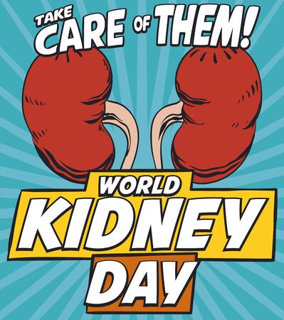 Cool poster in pop art style with colorful kidneys promoting care about renal issues in World Kidney Day.のイラスト素材