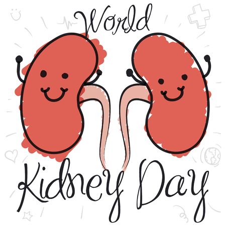 Design with happy kidneys and cute doodle drawings about health care around them to commemorate World Kidney Day.のイラスト素材