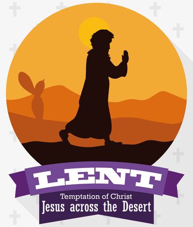 Round button with traditional scene of Christ crossing the desert in his journey of 40 days.のイラスト素材