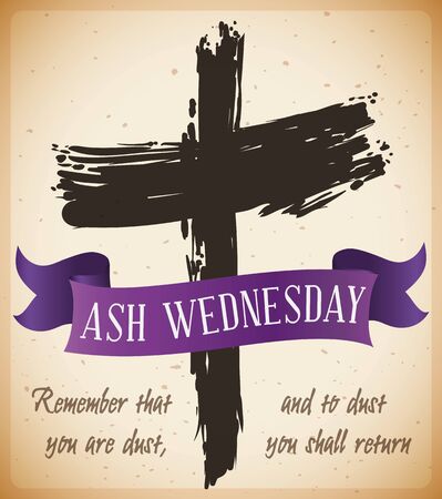 Poster with traditional ash cross drawing and purple ribbon with biblical words in a scroll that mark the beginning of Lent.のイラスト素材