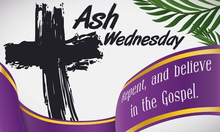 Commemorative banner for Ash Wednesday with traditional ash cross, palm branches and purple ribbon with biblical words.のイラスト素材