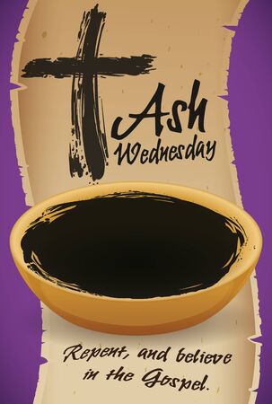 Poster with bowl filled with blessed ashes and an ancient scroll with a cross shape drawing with a biblical words for Ash Wednesday celebration.のイラスト素材