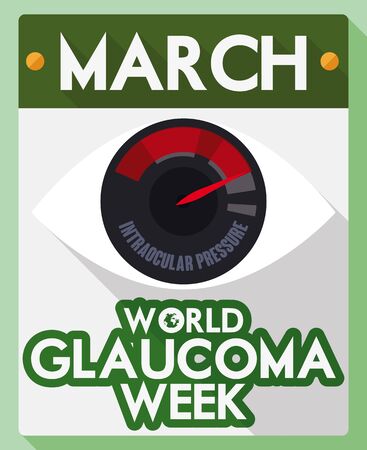 Loose-leaf calendar with reminder and eye design like a manometer showing high intraocular pressure for World Glaucoma Week at March.のイラスト素材