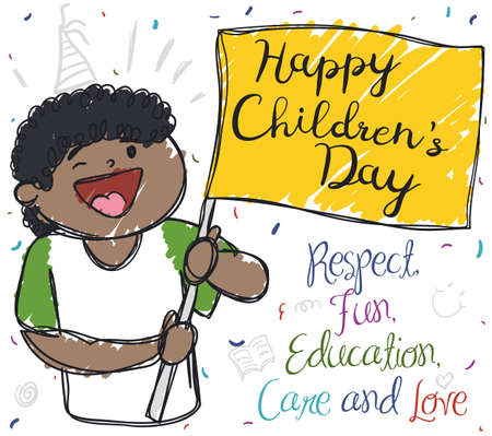 Happy brunette boy in doodle style, holding a flag with greeting message under a confetti shower to celebrate Children's Day and some precepts for this date.のイラスト素材