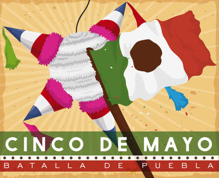 Poster with pinata in French colors being hitted for Mexican flag, comemmorating Battle of Puebla in Cinco de Mayo (written in Spanish).のイラスト素材
