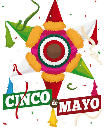 Poster with colorful pinata with Mexican flag colors  ready to celebrate Cinco de Mayo (written in Spanish) with streamer and confetti shower.のイラスト素材