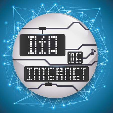 Commemorative design for  Internet Day (written in Spanish) with round button and network connections around it and display with greeting text.のイラスト素材