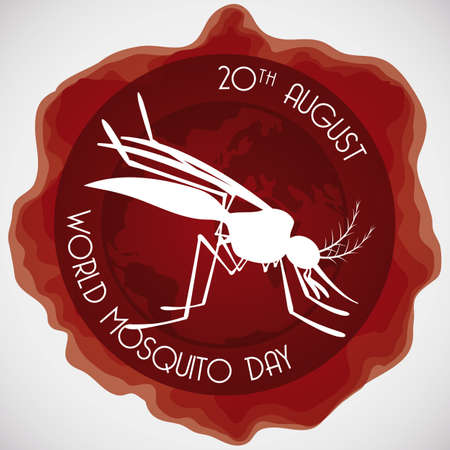 Round button soaked in blood with mosquito silhouette inside of it to celebrate World Mosquito Day.のイラスト素材