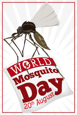 Poster with mosquito flying and holding a paper with greeting sign to commemorate World Mosquito Day in August 20.のイラスト素材