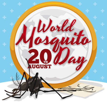 Poster with round button with globe and greeting text smashing a mosquito, symbolizing the fight against mosquitoes and diseases in World Mosquito Day.のイラスト素材