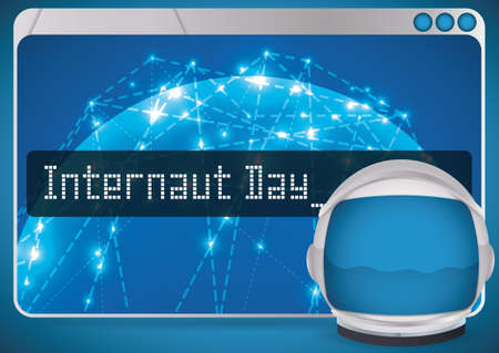 Poster with web browser showing the network to celebrate the Internaut Day with an astronaut helmet ready to navigate in cyberspace.のイラスト素材