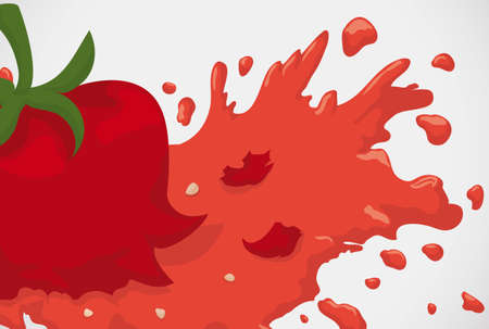 Banner with a splashed tomato with much juice and some seeds.のイラスト素材