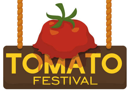 Postcard with a splattered tomato over a wooden sign hanged by ropes, inviting you to Tomato Throwing Festival.のイラスト素材