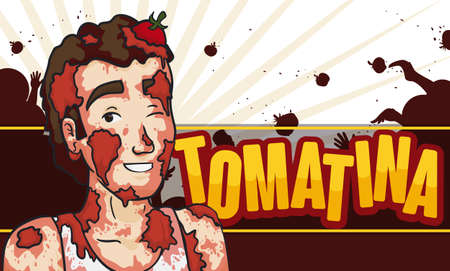 Banner with smiling man covered with tomatoes and a multitude enjoying the Tomatina Festival.のイラスト素材