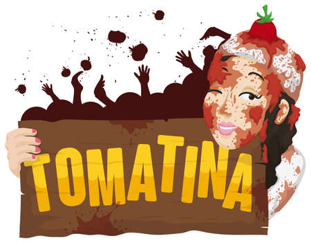 Poster with young woman all covered with tomatoes holding a greeting wooden sign and a crowd celebrating Tomatina (tomato throwing festival).のイラスト素材