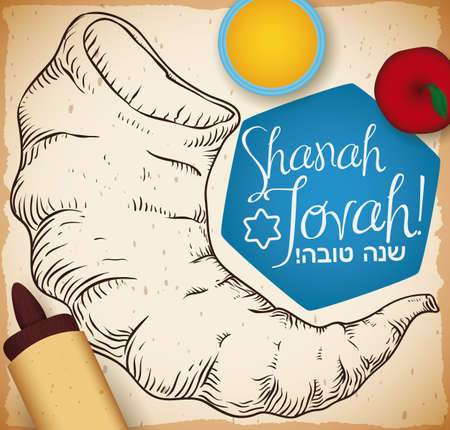 Poster with hand drawn shofar horn and traditional elements for Rosh Hashanah (Jewish New Year): scroll, honey jar, apple and greeting message for good new year (or 'Shanah Tovah', written in Hebrew).のイラスト素材