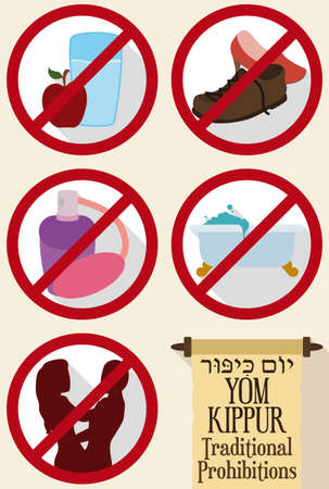 Design in flat style with prohibitions in forbidden signals and scroll for Yom Kippur (written in Hebrew): no eat and drink, no bath, no wear perfumes, no wear leather shoes and don't have sex.のイラスト素材