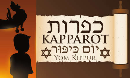 Banner of an afternoon before Yom Kippur with the silhouettes of a man swinging a chicken over the head of a boy celebrating the Jewish ritual of Kapparot (written in Hebrew) in scroll.のイラスト素材