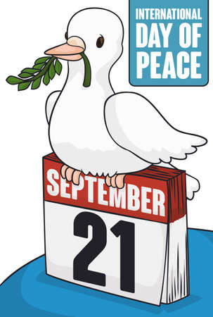 Poster with cute dove over a loose-leaf calendar with reminder date, holding a olive branch in its beak for International Day of Peace celebration in September 21.のイラスト素材