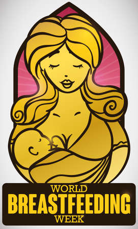 Beautiful golden stained glass of a mother breastfeeding her baby, promoting its importance in the child growth for the World Breastfeeding Week.のイラスト素材