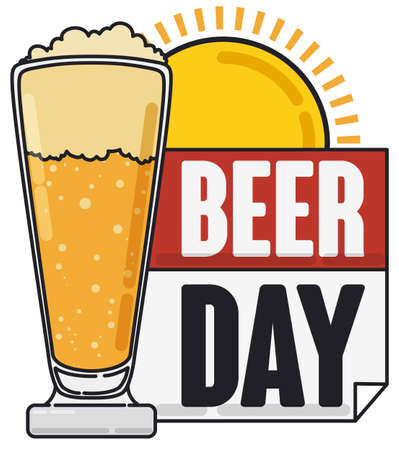 Flat design with a delicious beer served in a glass to drink in a sunny day during Beer Day celebration.のイラスト素材