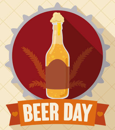 Commemorative design in flat style and long shadow with lid like a button with a beer bottle, barley and a greeting ribbon to celebrate Beer Day.のイラスト素材