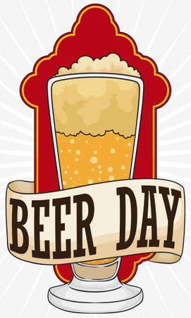 Delicious beer served in a glass and a ribbon with greeting message for Beer Day celebration.のイラスト素材