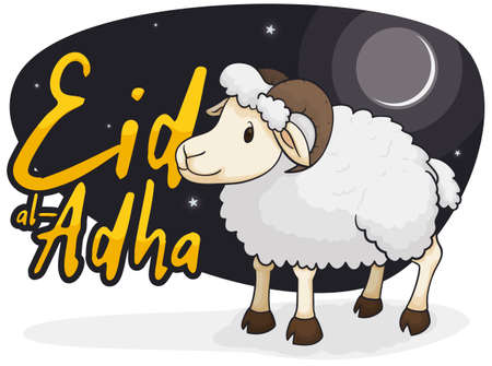 Ram in a starry night with crescent moon in the sky commemorating Eid al-Adha or Festival of Sacrifice.のイラスト素材