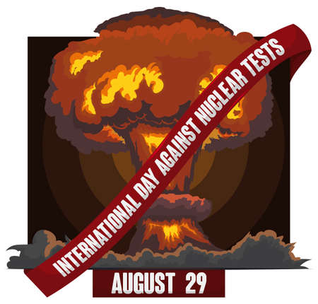 View of a atomic tests with a great, toxic mushroom cloud spreading in the field and label banning this terrible scene to commemorate International Day Against Nuclear Tests.のイラスト素材