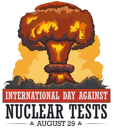 Terrible view with mushroom cloud and catastrophic effects of atomic experimentation, a commemorative awareness scene during International Day Against Nuclear Tests.のイラスト素材