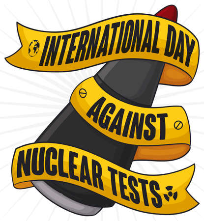 Atomic warhead with yellow ribbon wrapped around it with reminder for International Day Against Nuclear Tests.のイラスト素材