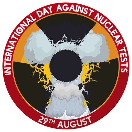 Awareness button with damaged radiation symbol over atomic mushroom cloud to commemorate the International Day Against Nuclear Tests in August 29.のイラスト素材