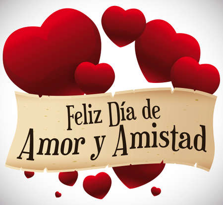 Poster with floating red hearts with ribbon like scroll with greeting message to celebrate the Day of Love and Friendship (written in Spanish).のイラスト素材