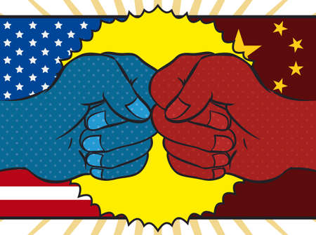 Pop art design with fists clashing over USA and China flags in the background representing the...