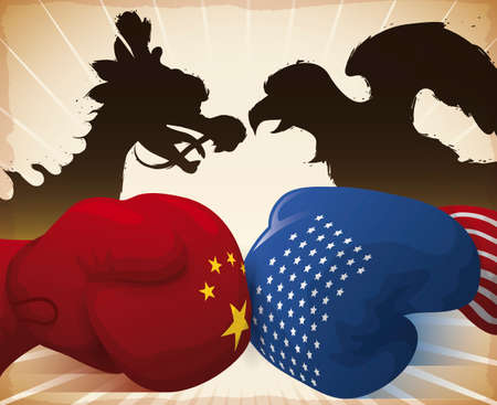 China boxing glove with dragon silhouette fighting against American glove with eagle silhouette during Trade War between this powers.のイラスト素材
